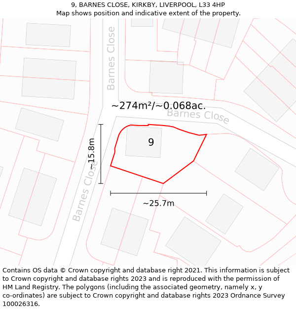 9, BARNES CLOSE, KIRKBY, LIVERPOOL, L33 4HP: Plot and title map