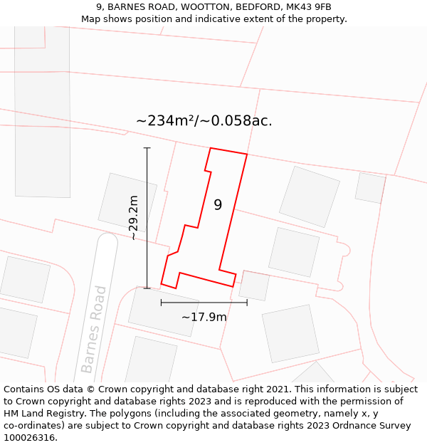 9, BARNES ROAD, WOOTTON, BEDFORD, MK43 9FB: Plot and title map