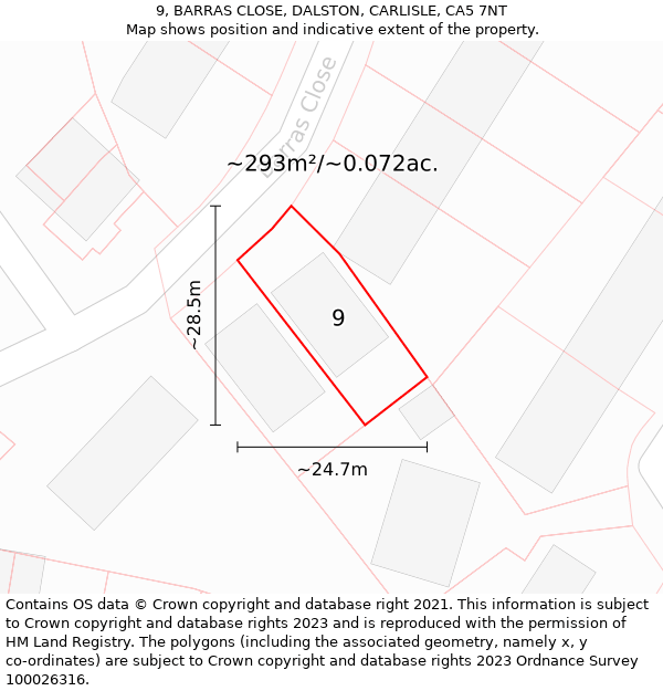 9, BARRAS CLOSE, DALSTON, CARLISLE, CA5 7NT: Plot and title map