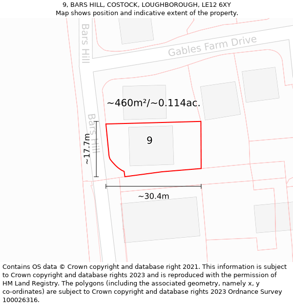 9, BARS HILL, COSTOCK, LOUGHBOROUGH, LE12 6XY: Plot and title map