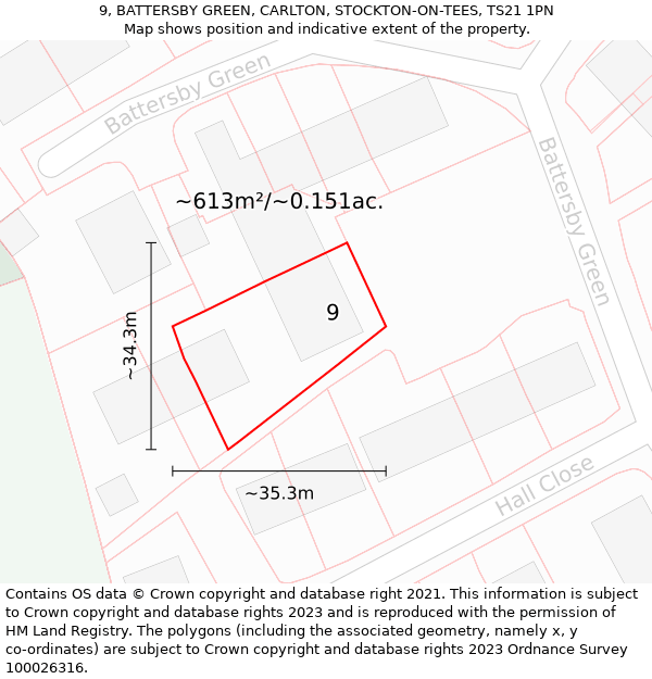 9, BATTERSBY GREEN, CARLTON, STOCKTON-ON-TEES, TS21 1PN: Plot and title map