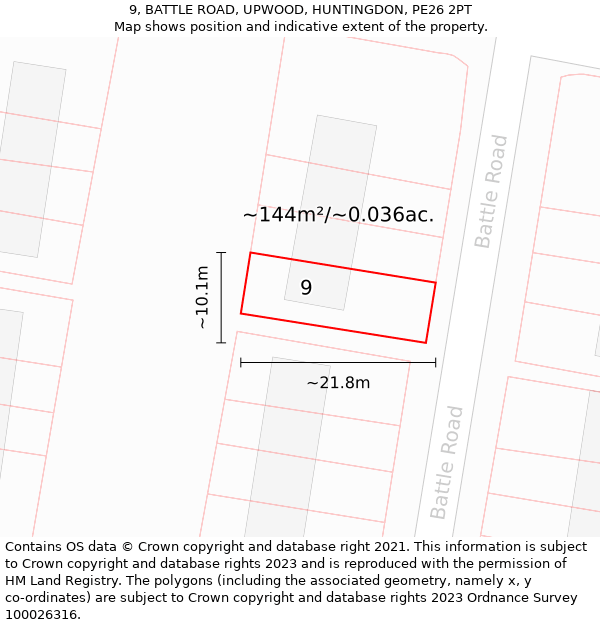 9, BATTLE ROAD, UPWOOD, HUNTINGDON, PE26 2PT: Plot and title map