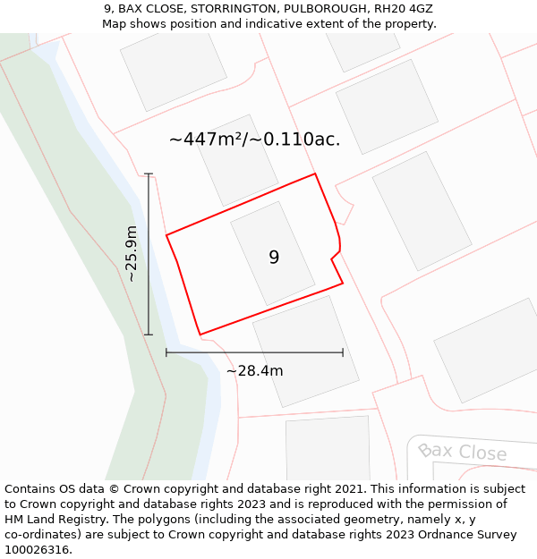 9, BAX CLOSE, STORRINGTON, PULBOROUGH, RH20 4GZ: Plot and title map