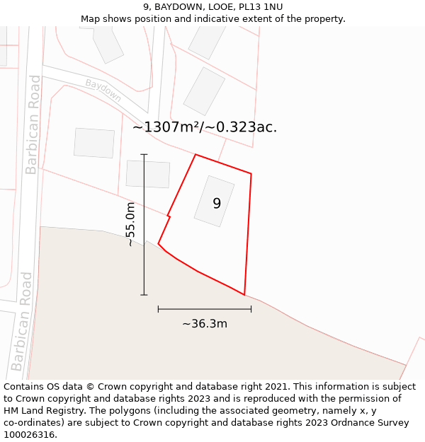 9, BAYDOWN, LOOE, PL13 1NU: Plot and title map