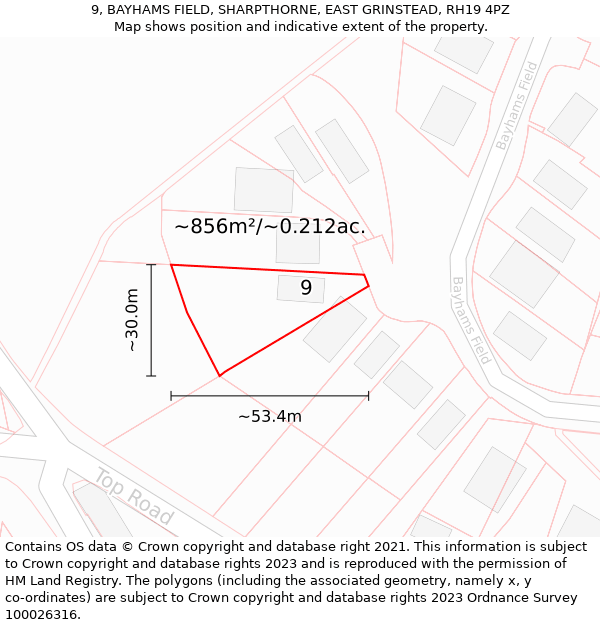 9, BAYHAMS FIELD, SHARPTHORNE, EAST GRINSTEAD, RH19 4PZ: Plot and title map