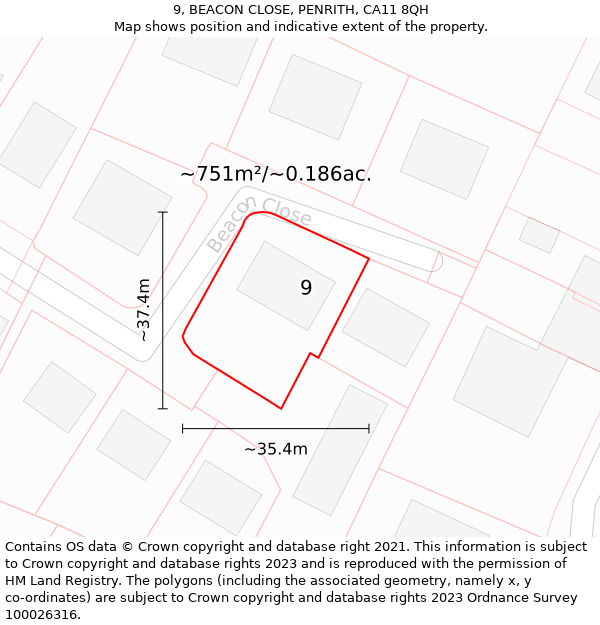 9, BEACON CLOSE, PENRITH, CA11 8QH: Plot and title map