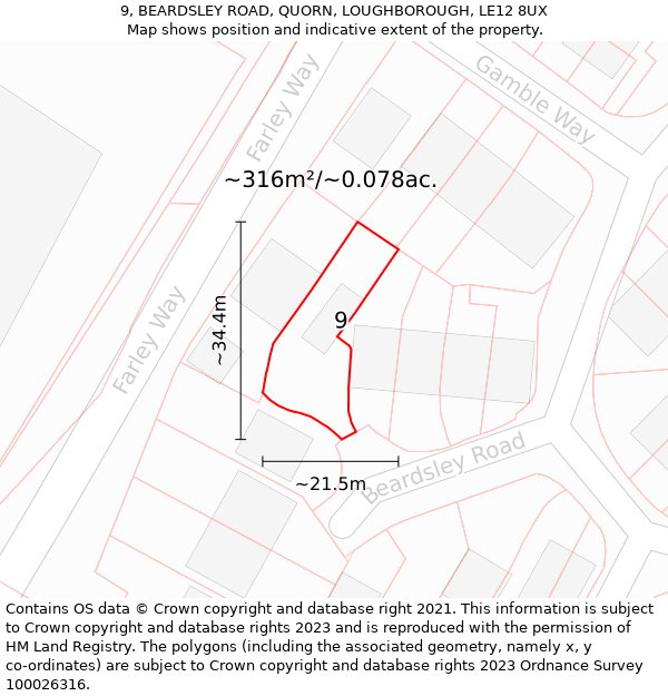 9, BEARDSLEY ROAD, QUORN, LOUGHBOROUGH, LE12 8UX: Plot and title map