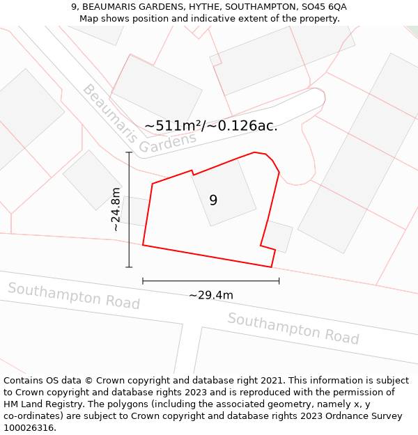 9, BEAUMARIS GARDENS, HYTHE, SOUTHAMPTON, SO45 6QA: Plot and title map