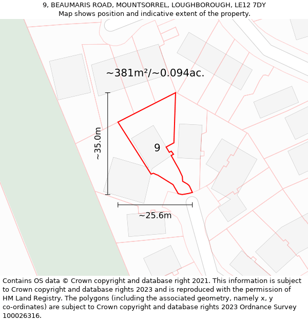 9, BEAUMARIS ROAD, MOUNTSORREL, LOUGHBOROUGH, LE12 7DY: Plot and title map