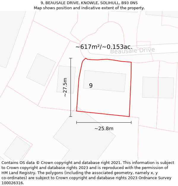 9, BEAUSALE DRIVE, KNOWLE, SOLIHULL, B93 0NS: Plot and title map