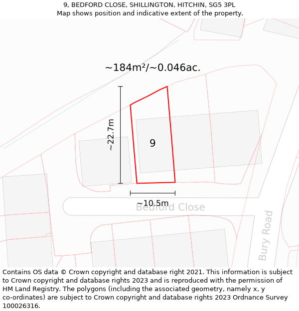 9, BEDFORD CLOSE, SHILLINGTON, HITCHIN, SG5 3PL: Plot and title map