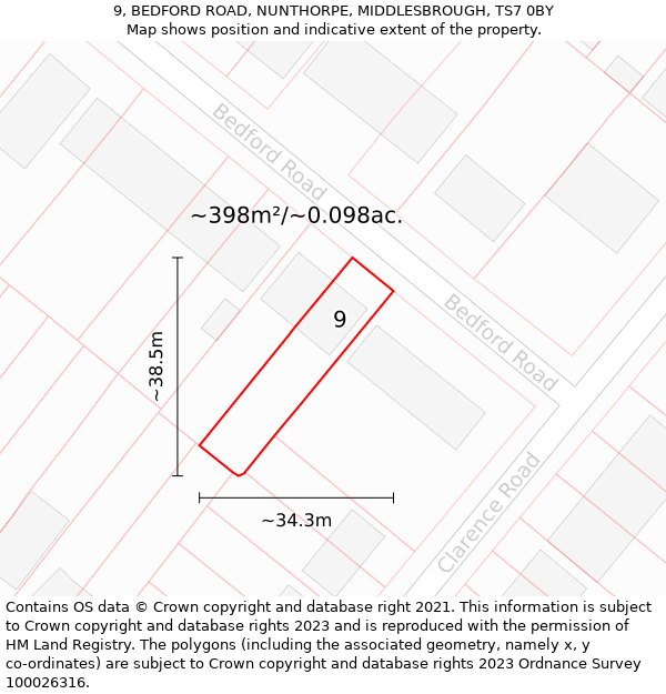 9, BEDFORD ROAD, NUNTHORPE, MIDDLESBROUGH, TS7 0BY: Plot and title map