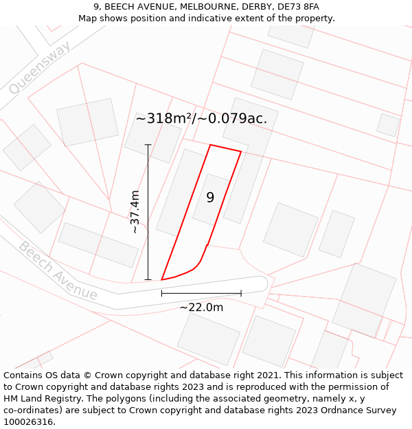 9, BEECH AVENUE, MELBOURNE, DERBY, DE73 8FA: Plot and title map