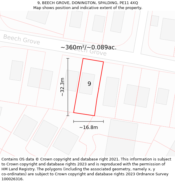 9, BEECH GROVE, DONINGTON, SPALDING, PE11 4XQ: Plot and title map