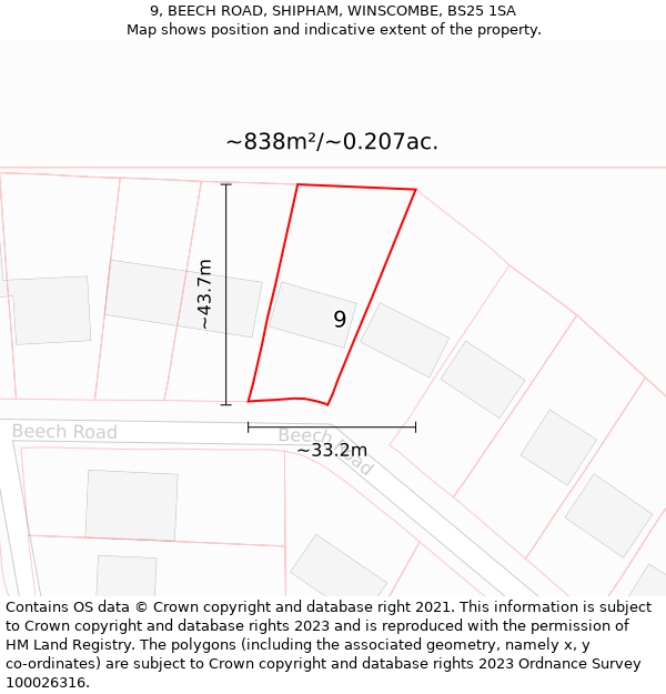 9, BEECH ROAD, SHIPHAM, WINSCOMBE, BS25 1SA: Plot and title map