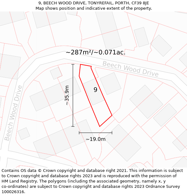 9, BEECH WOOD DRIVE, TONYREFAIL, PORTH, CF39 8JE: Plot and title map