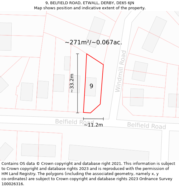 9, BELFIELD ROAD, ETWALL, DERBY, DE65 6JN: Plot and title map