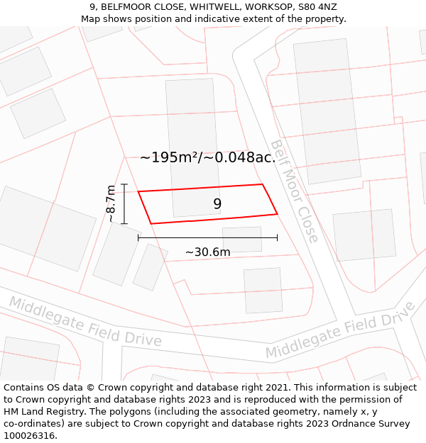 9, BELFMOOR CLOSE, WHITWELL, WORKSOP, S80 4NZ: Plot and title map