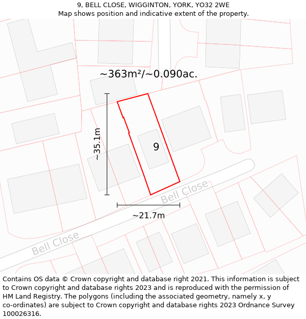 9, BELL CLOSE, WIGGINTON, YORK, YO32 2WE: Plot and title map