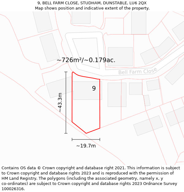 9, BELL FARM CLOSE, STUDHAM, DUNSTABLE, LU6 2QX: Plot and title map