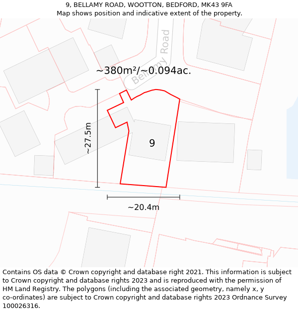 9, BELLAMY ROAD, WOOTTON, BEDFORD, MK43 9FA: Plot and title map