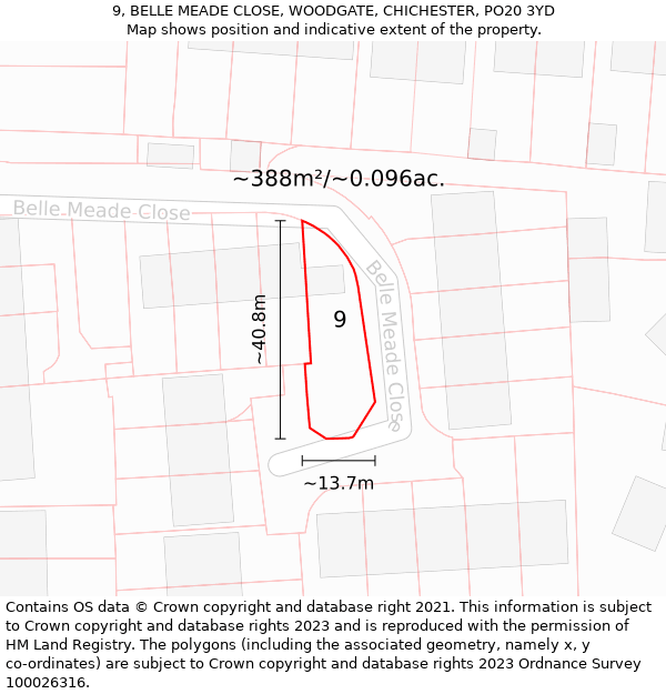9, BELLE MEADE CLOSE, WOODGATE, CHICHESTER, PO20 3YD: Plot and title map