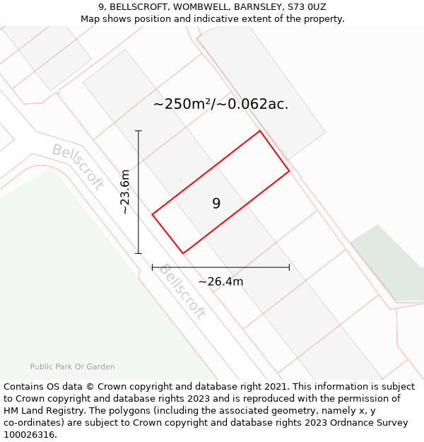 9, BELLSCROFT, WOMBWELL, BARNSLEY, S73 0UZ: Plot and title map