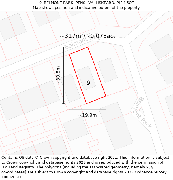 9, BELMONT PARK, PENSILVA, LISKEARD, PL14 5QT: Plot and title map