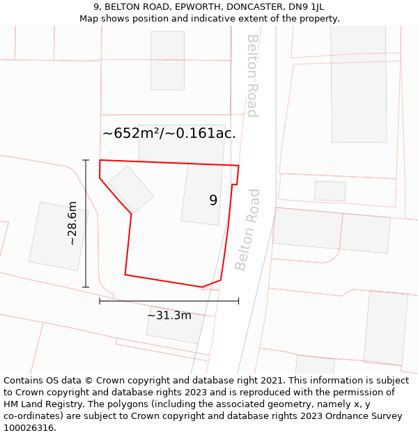 9, BELTON ROAD, EPWORTH, DONCASTER, DN9 1JL: Plot and title map