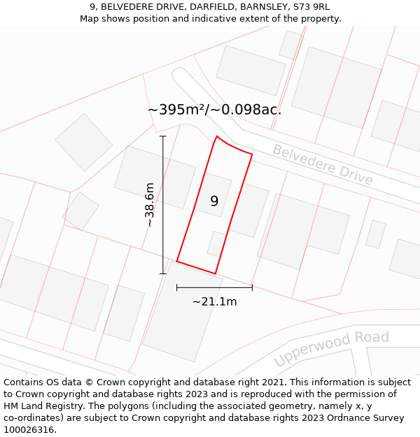 9, BELVEDERE DRIVE, DARFIELD, BARNSLEY, S73 9RL: Plot and title map