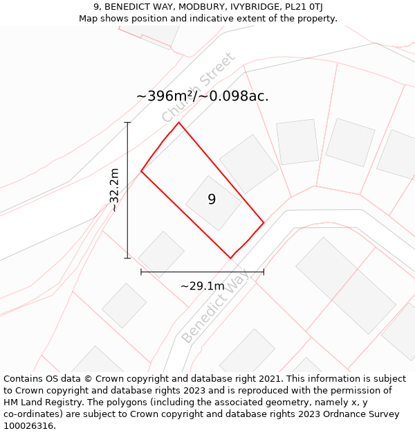 9, BENEDICT WAY, MODBURY, IVYBRIDGE, PL21 0TJ: Plot and title map