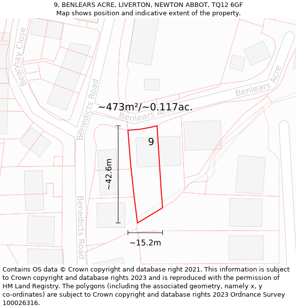 9, BENLEARS ACRE, LIVERTON, NEWTON ABBOT, TQ12 6GF: Plot and title map