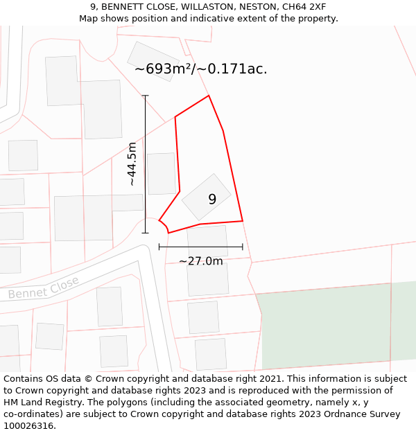 9, BENNETT CLOSE, WILLASTON, NESTON, CH64 2XF: Plot and title map