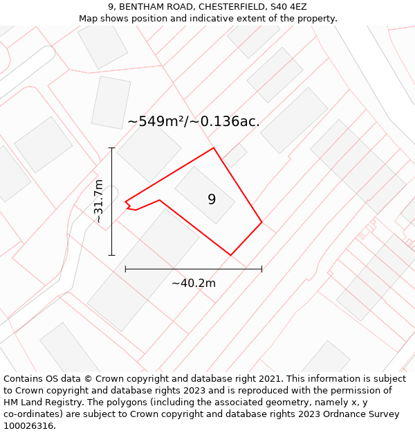 9, BENTHAM ROAD, CHESTERFIELD, S40 4EZ: Plot and title map