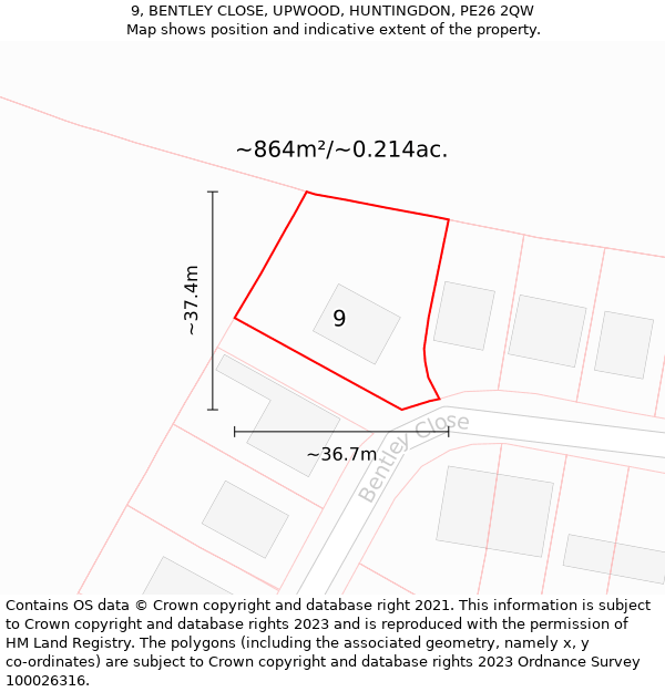 9, BENTLEY CLOSE, UPWOOD, HUNTINGDON, PE26 2QW: Plot and title map