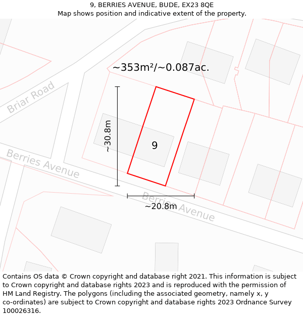 9, BERRIES AVENUE, BUDE, EX23 8QE: Plot and title map