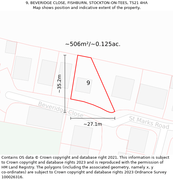 9, BEVERIDGE CLOSE, FISHBURN, STOCKTON-ON-TEES, TS21 4HA: Plot and title map