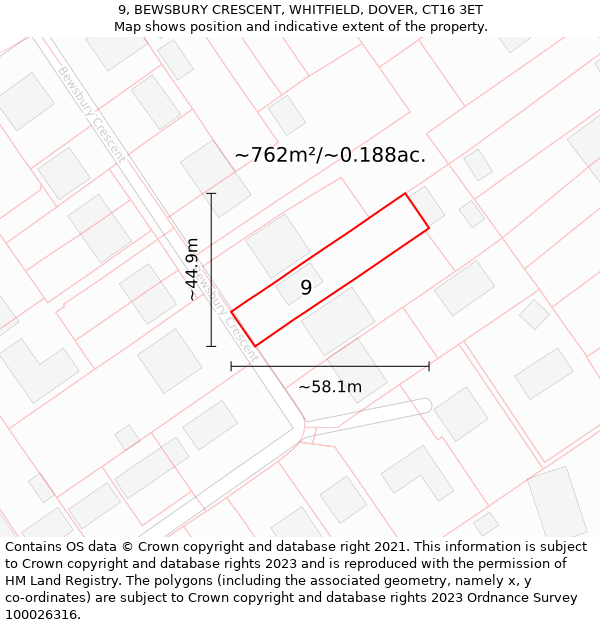 9, BEWSBURY CRESCENT, WHITFIELD, DOVER, CT16 3ET: Plot and title map