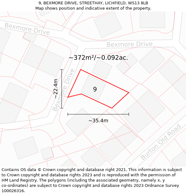 9, BEXMORE DRIVE, STREETHAY, LICHFIELD, WS13 8LB: Plot and title map