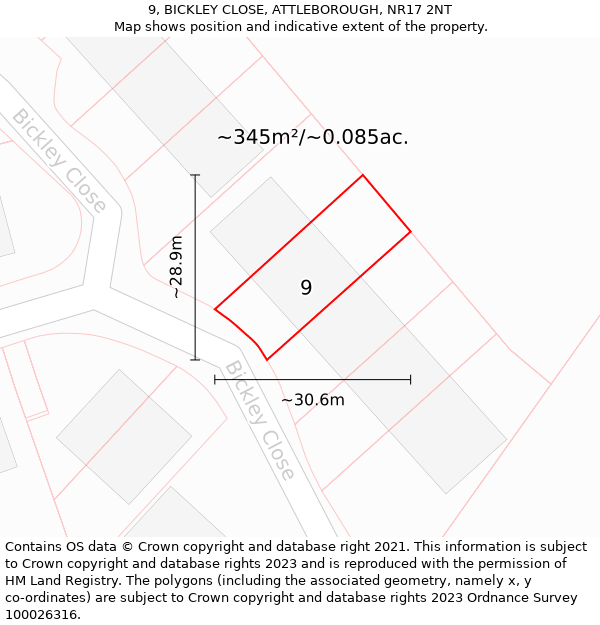 9, BICKLEY CLOSE, ATTLEBOROUGH, NR17 2NT: Plot and title map