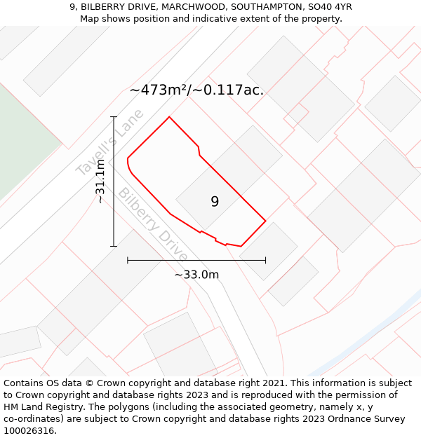 9, BILBERRY DRIVE, MARCHWOOD, SOUTHAMPTON, SO40 4YR: Plot and title map