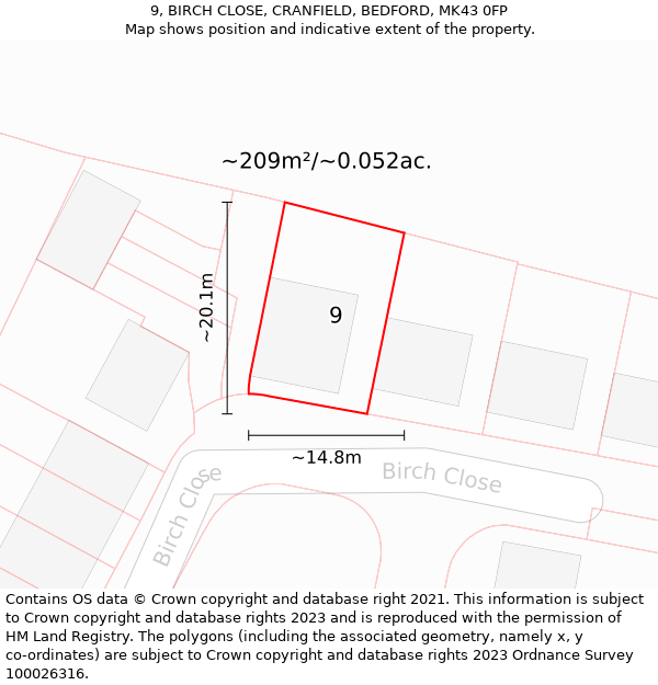 9, BIRCH CLOSE, CRANFIELD, BEDFORD, MK43 0FP: Plot and title map