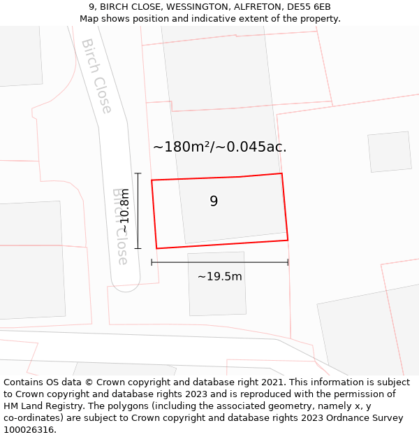 9, BIRCH CLOSE, WESSINGTON, ALFRETON, DE55 6EB: Plot and title map