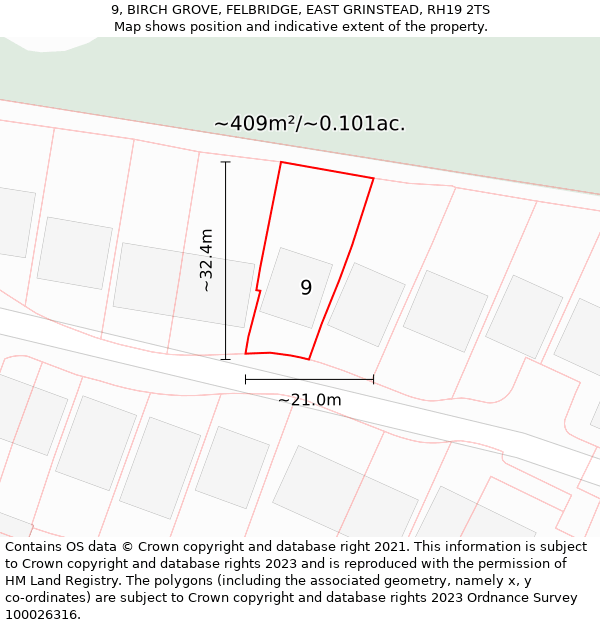 9, BIRCH GROVE, FELBRIDGE, EAST GRINSTEAD, RH19 2TS: Plot and title map