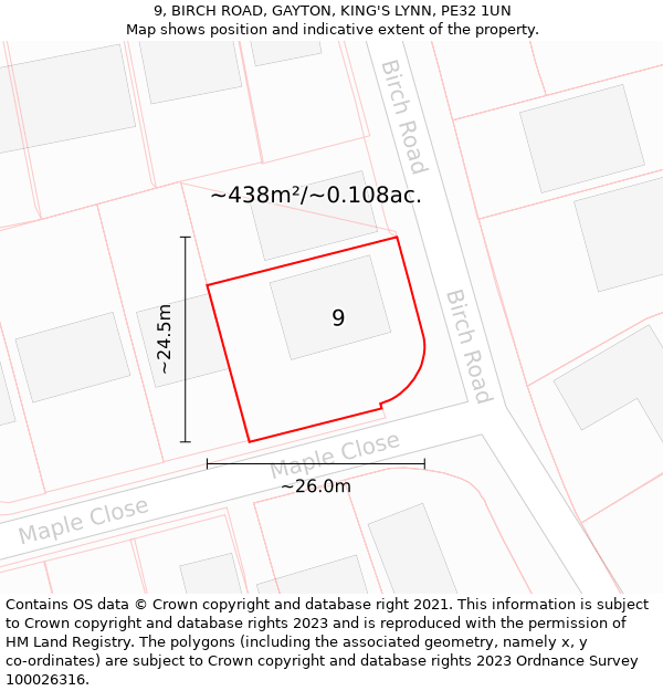 9, BIRCH ROAD, GAYTON, KING'S LYNN, PE32 1UN: Plot and title map