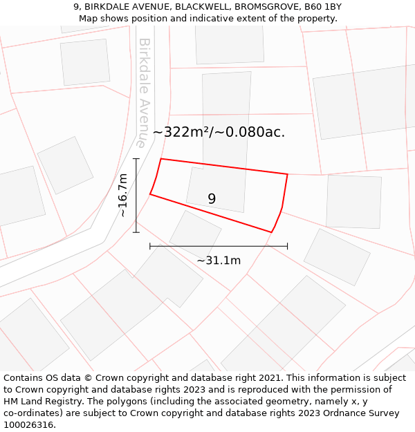 9, BIRKDALE AVENUE, BLACKWELL, BROMSGROVE, B60 1BY: Plot and title map