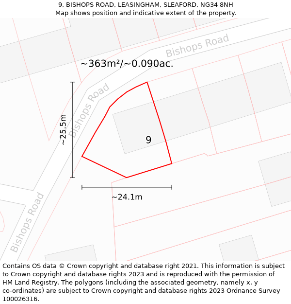 9, BISHOPS ROAD, LEASINGHAM, SLEAFORD, NG34 8NH: Plot and title map