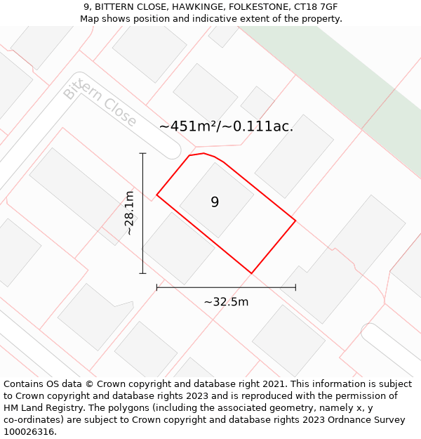 9, BITTERN CLOSE, HAWKINGE, FOLKESTONE, CT18 7GF: Plot and title map