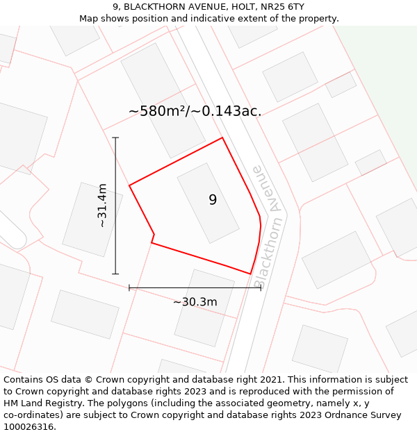 9, BLACKTHORN AVENUE, HOLT, NR25 6TY: Plot and title map