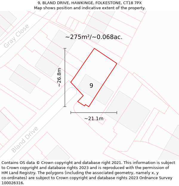 9, BLAND DRIVE, HAWKINGE, FOLKESTONE, CT18 7PX: Plot and title map